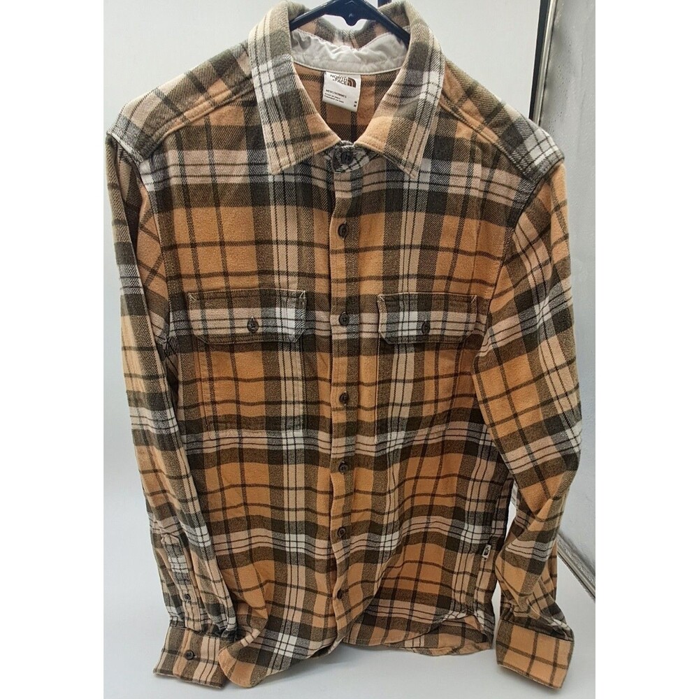 The North Face Arroyo Flannel Shirt Mens M Tan Green Plaid Long Sleeve
